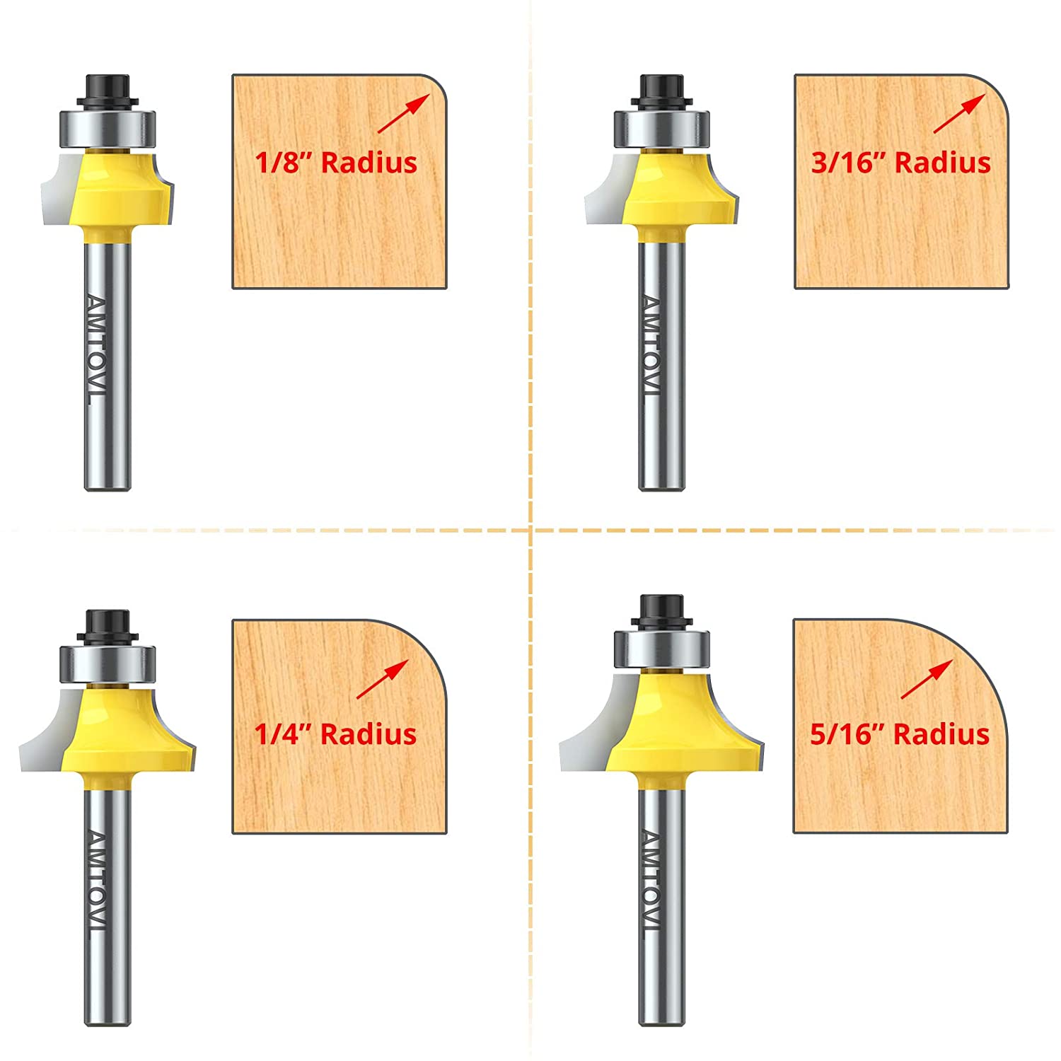 Inverted Round Router Bit AMTOVL 4Pcs Round Over Router Bit 1/4” Shank – Amtovl